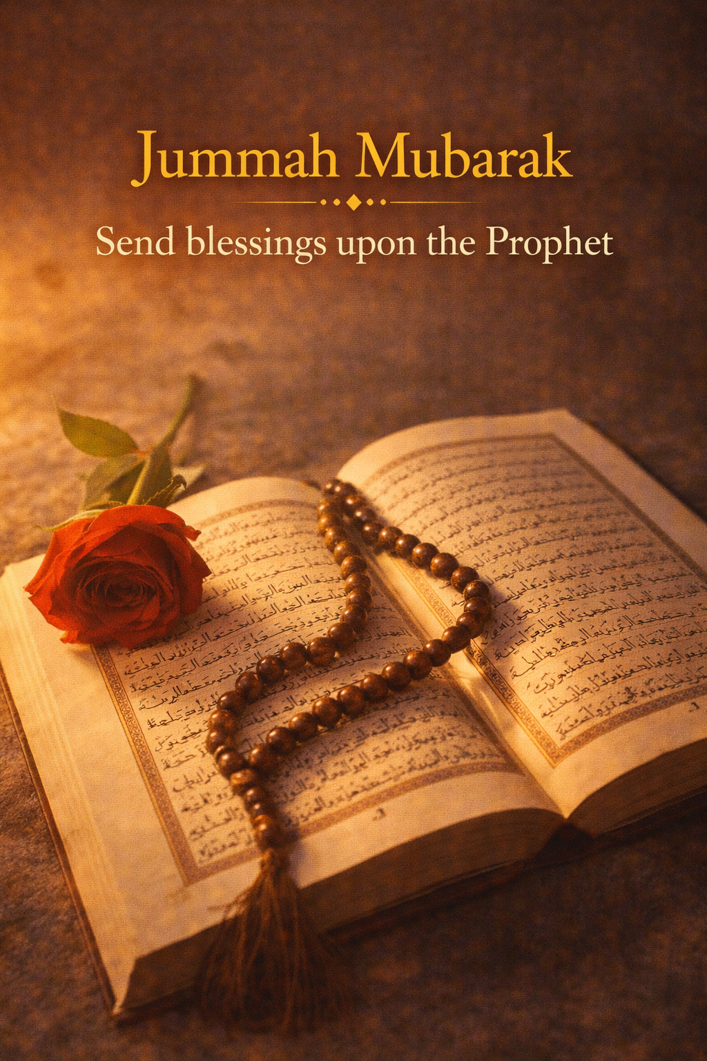Jummah Mubarak — Quran with Prayer Beads and Rose